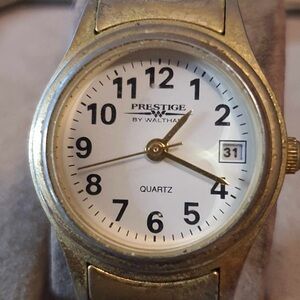 🦋 Prestige by Waltham Goldtone/White Women's Watch w/Date